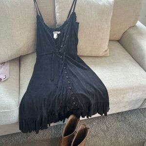 Boho Black Button Front Festival Dress | Western Country Concert | Ruffle Hem